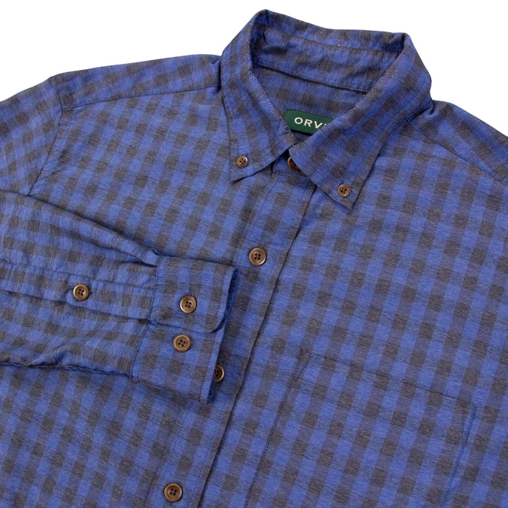 Orvis Performance Shirt‎ Mens M Blue Gray Gingham Check Classic Fit Nylon Poly